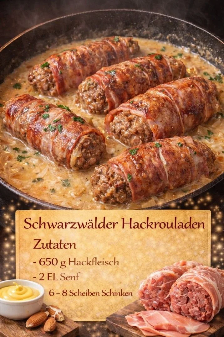 Schwarzwälder Hackrouladen in einer Pfanne zubereitet, bereit zum Servieren.