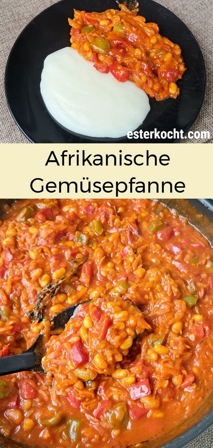 Afrikanische Gemüsepfanne mit verschiedenen Gemüsesorten in einer bunten Mischung