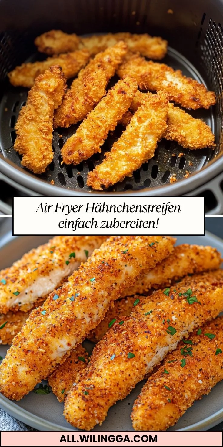 Krosse Hähnchenstreifen, zubereitet im Air Fryer, auf einem Teller serviert.