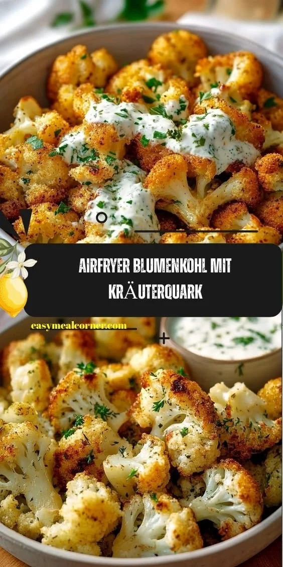 Airfryer Blumenkohl mit Kräuterquark auf einem Teller serviert