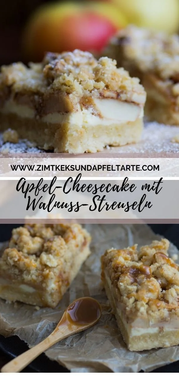 Apfel-Cheesecake mit Walnuss-Streuseln und Karamell-Sauce auf einem Teller
