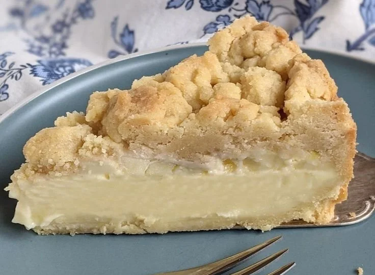 Leckerer Apfel Pudding Kuchen mit frischen Äpfeln und cremiger Puddingfüllung.