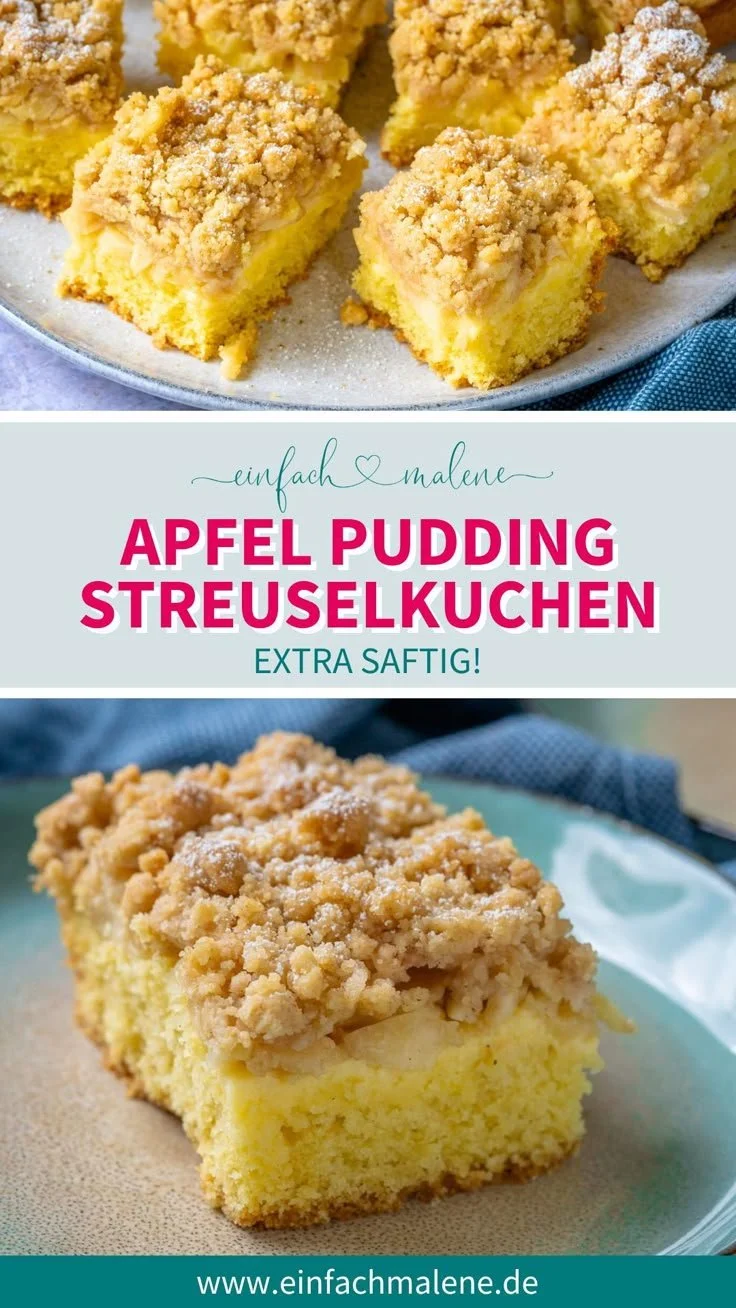 Apfel Pudding Streuselkuchen auf einem Teller, saftig und lecker