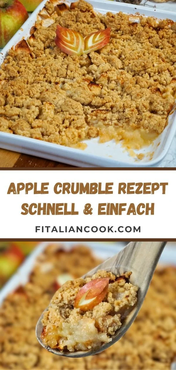 Leckeres Apple Crumble auf einem Teller mit Äpfeln und Streuseln