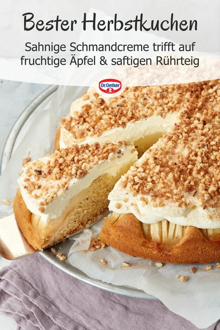 Leckere Apfelkuchen-Scheibe frisch aus dem Ofen mit Zimt und Äpfeln dekoriert.