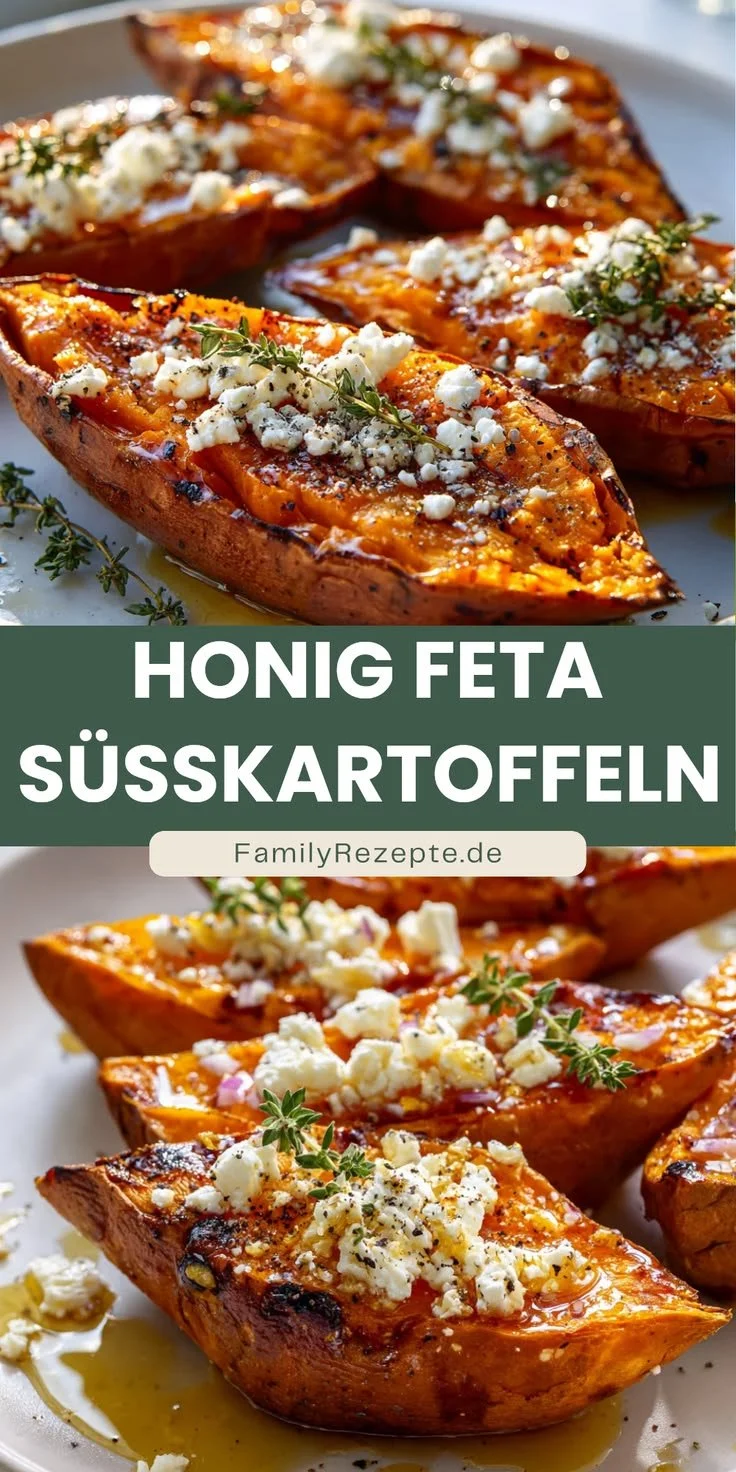 Gebackene Süßkartoffeln mit Honig und Feta auf einem Teller serviert.