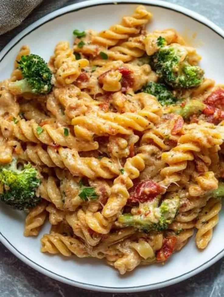 Brokkoli Nudelauflauf mit Tomaten-Käsesoße auf einem Teller serviert