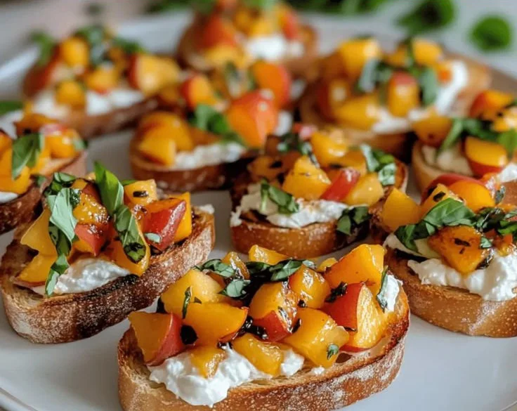 Bruschetta mit Ricotta und frischen Pfirsichen auf einem Holzbrett