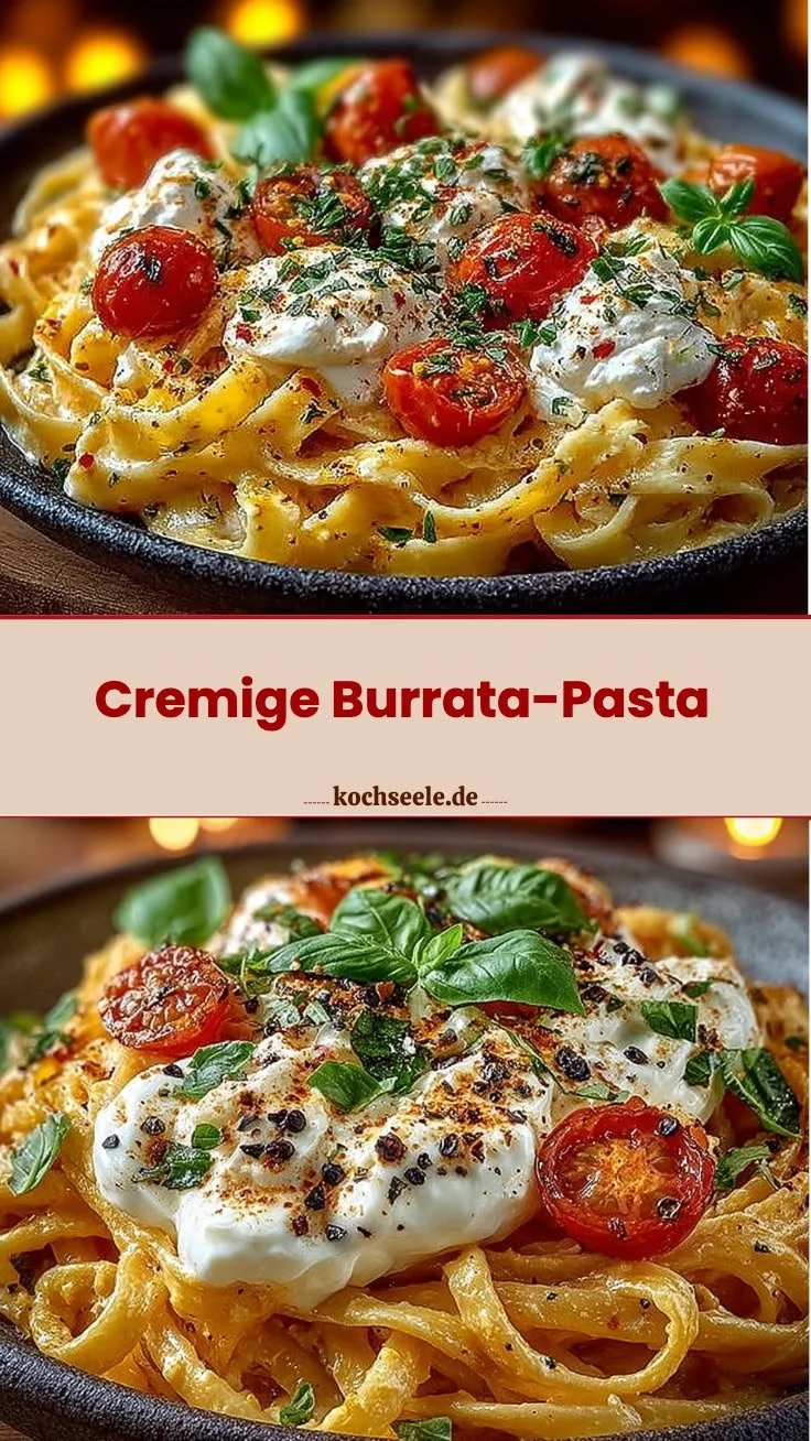 Cremige Burrata-Pasta auf einem Teller mit frischen Kräutern und Tomaten