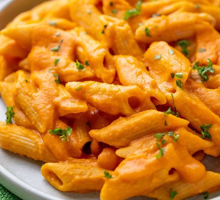 Cremige Kürbispasta in einer Schüssel mit frischen Zutaten