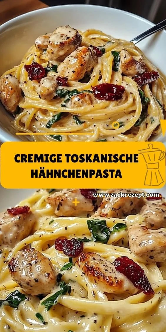 Cremige toskanische Hähnchenpasta auf einem Teller mit frischen Kräutern.