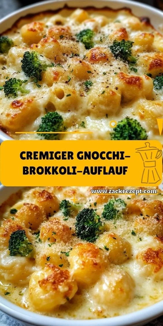 Cremiger Gnocchi-Brokkoli-Auflauf auf einem Teller serviert