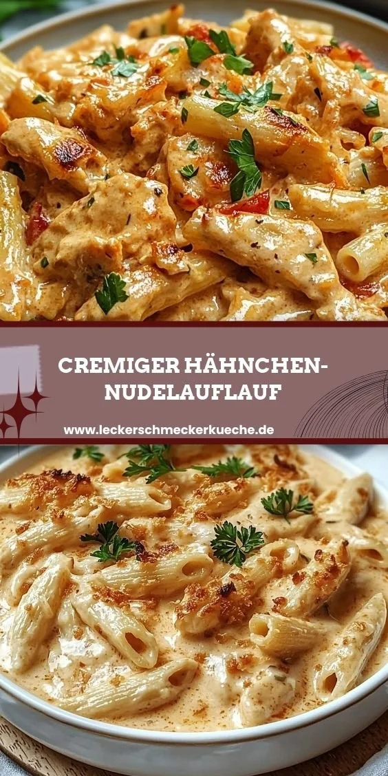 Cremiger Hähnchen-Nudelauflauf serviert in einer Auflaufform