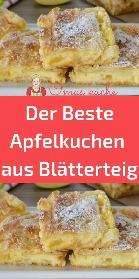Frisch gebackener Apfelkuchen aus Blätterteig auf einem Holzbrett