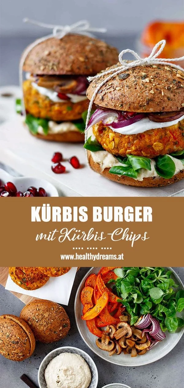 Vegetarischer Burger mit Kürbis und knusprigen Kürbis-Chips auf einem Teller