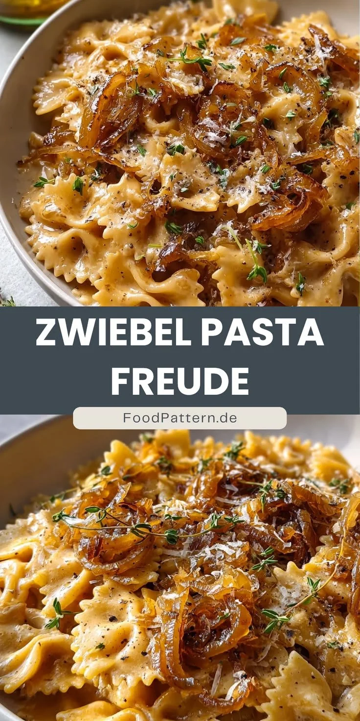 Leckere Zwiebel Pasta auf einem Teller, perfekt für jeden Anlass.