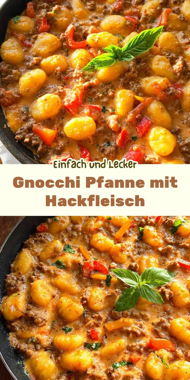 Gnocchi Pfanne mit Hackfleisch und Gemüse auf einem Teller angerichtet