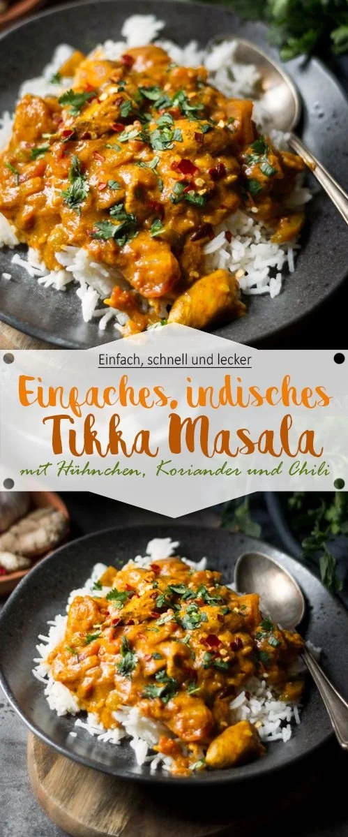 Ein einfaches indisches Tikka Masala mit Hühnchen auf einem Teller angerichtet.