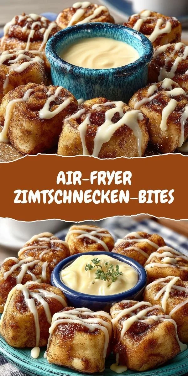 Fluffige Zimtschnecken-Bites aus dem Air-Fryer auf einem Teller serviert