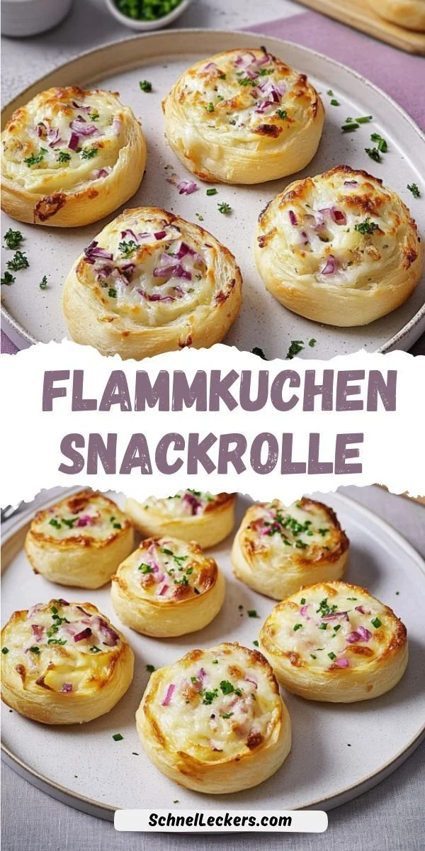 Flammkuchen-Snackrolle in bunten Schnecken präsentiert