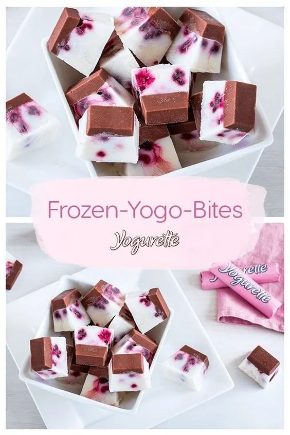 Frostige Yogo Bites mit Yogurette und frischen Zutaten, ideal für heiße Tage.
