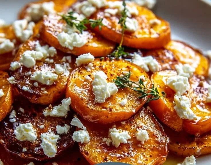 Gebratene Süßkartoffelscheiben mit Honig und Feta auf einem Teller