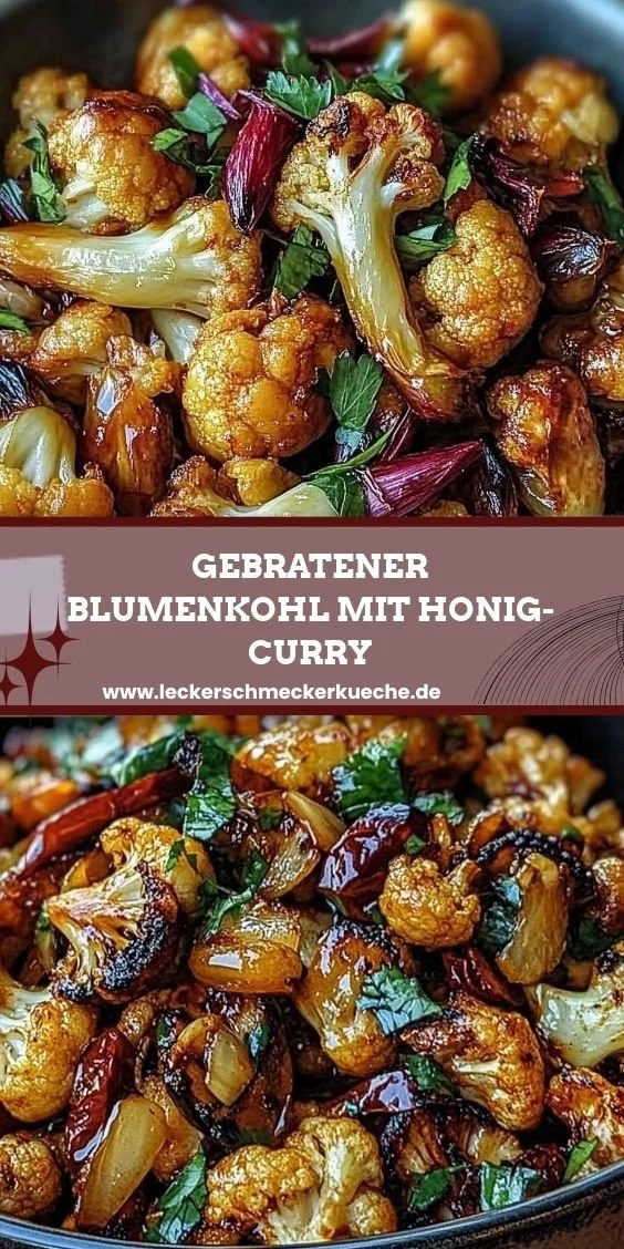 Gebratener Blumenkohl mit Honig-Curry auf einem Teller