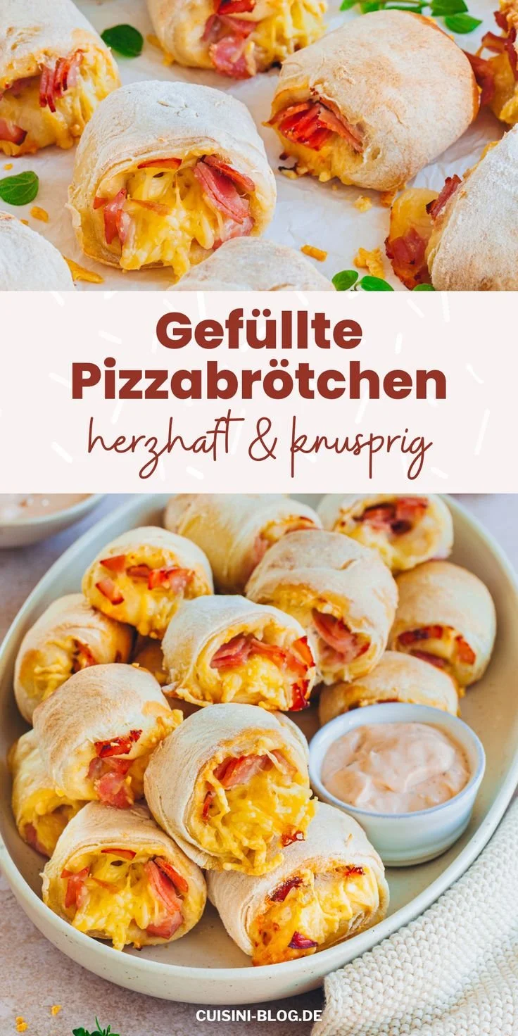 Gefüllte Pizzabrötchen frisch aus dem Ofen, ideal für Snacks und Partys.