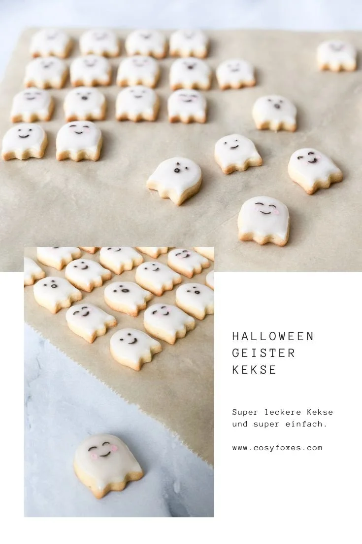 Geister Kekse für Halloween, dekoriert mit Zuckerguss und Zuckeraugen