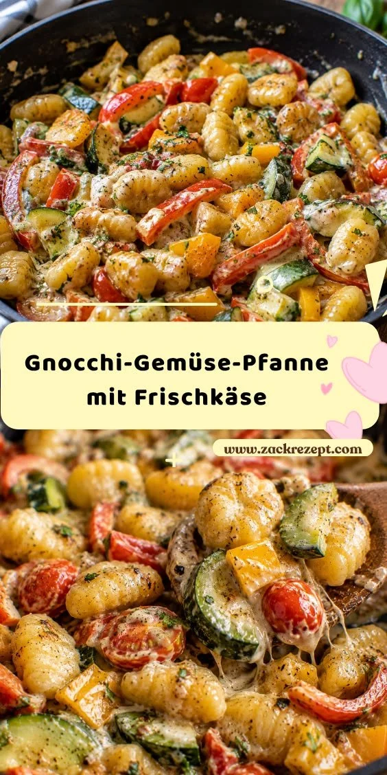 Gnocchi-Pfanne mit Gemüse und Frischkäse in einer Pfanne zubereitet