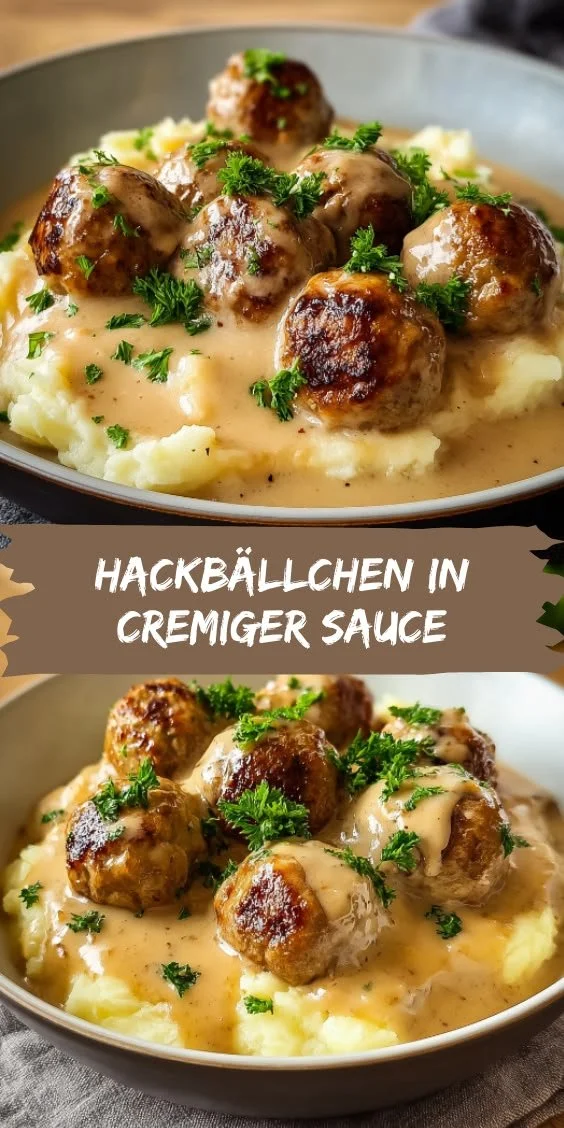 Hackbällchen in cremiger Sauce mit Kartoffelpüree auf dem Teller
