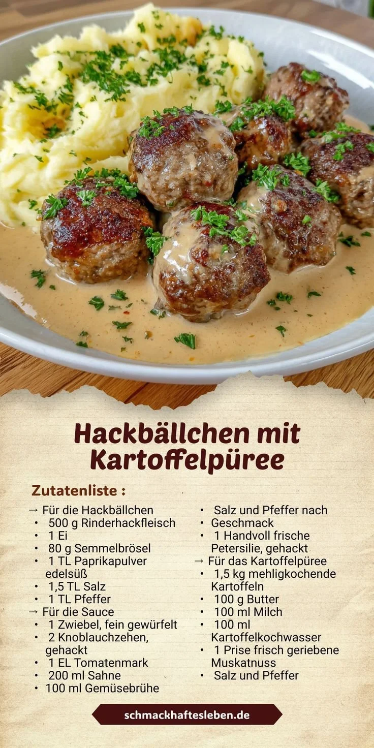 Leckere Hackbällchen mit Kartoffelpüree serviert auf einem Teller.
