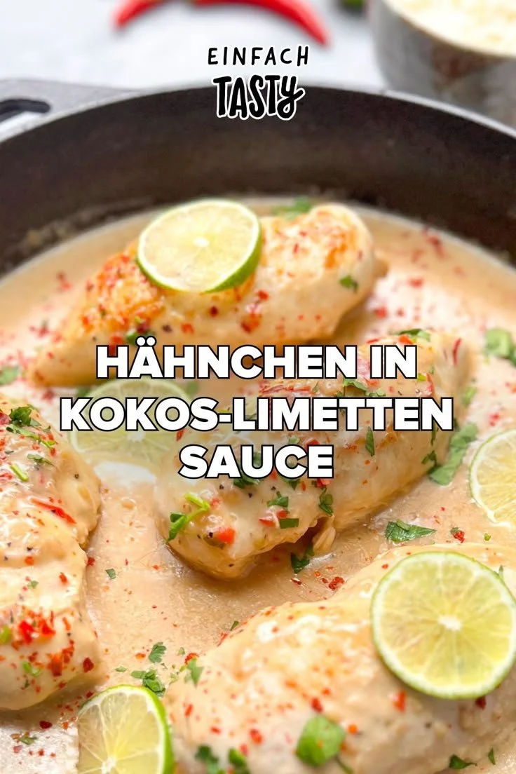 Hähnchen in Kokos-Limetten-Sauce auf einem Teller serviert