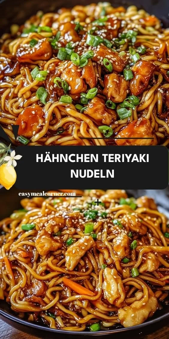 Schmackhaftes Hähnchen Teriyaki Nudeln Gericht auf einem Teller serviert.