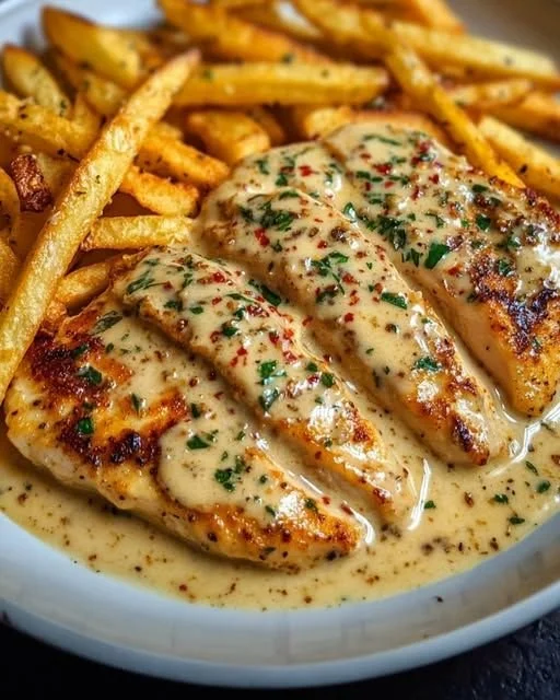 Hähnchenfilet in cremiger Knoblauchsauce auf einem Teller