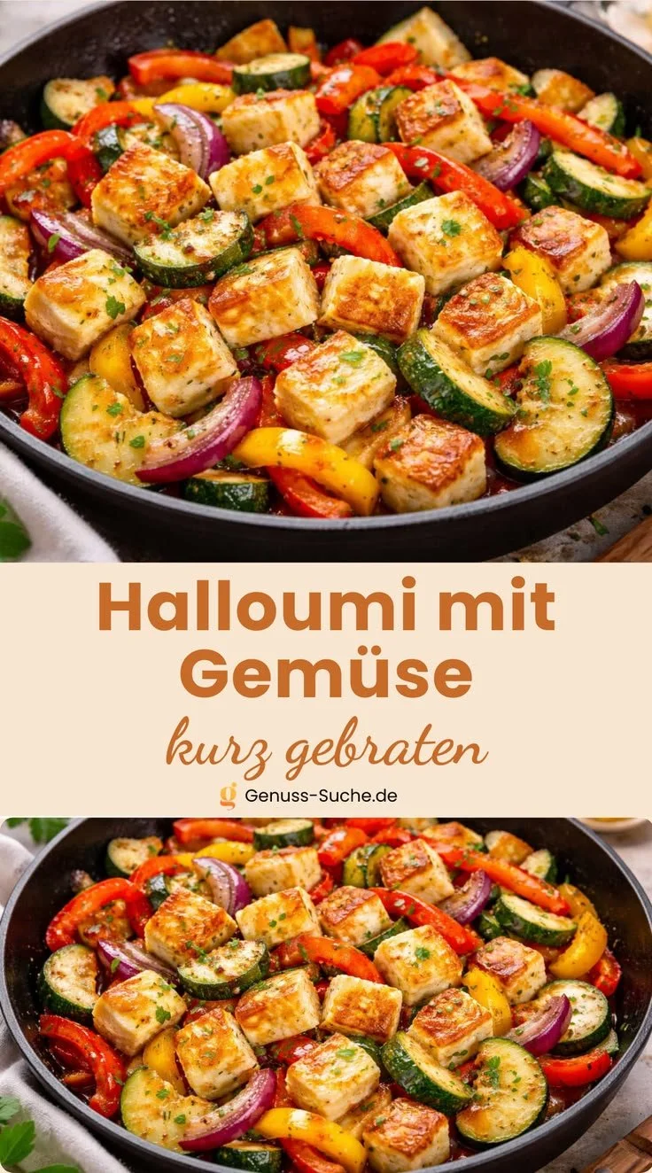 Bunte Halloumi-Gemüsepfanne mit frischem Gemüse und schmelzendem Halloumi-Käse