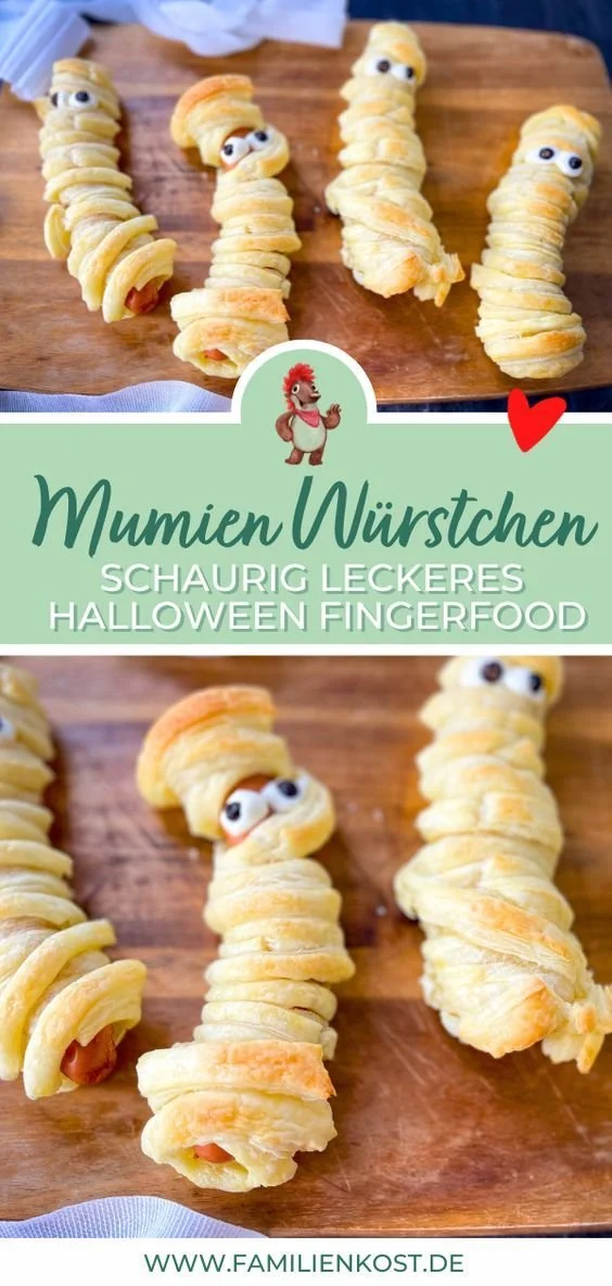 Halloween Mumien Würstchen im Blätterteig, Snack für die Halloween-Party