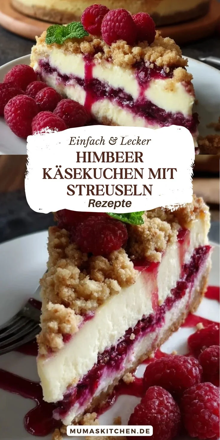 Himbeer Käsekuchen mit Streuseln, cremig und knusprig, serviert auf einem Teller