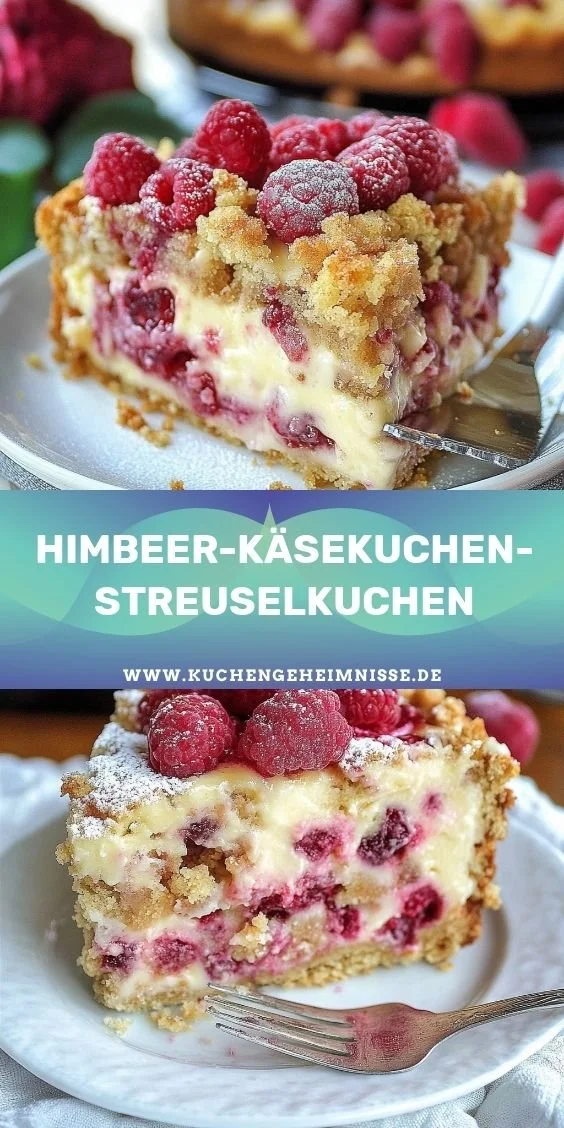 Himbeer-Käsekuchen-Streuselkuchen mit frischen Himbeeren und Streuseln