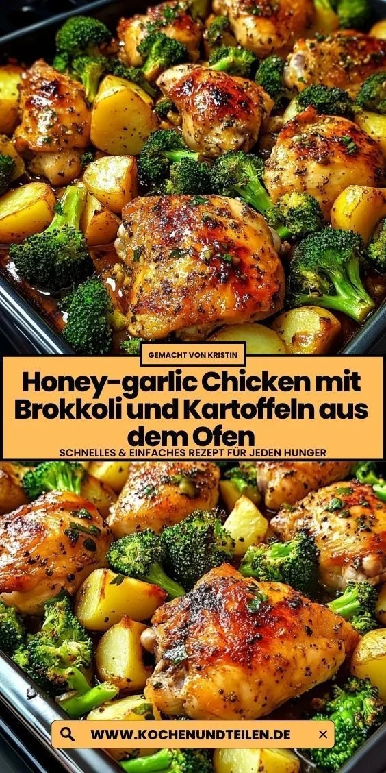 Honig-Knoblauch-Hähnchen mit Brokkoli und Kartoffeln aus dem Ofen