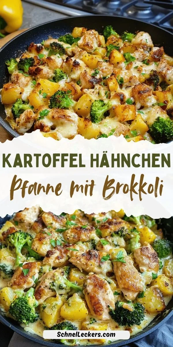 Gesunde Kartoffel-Hähnchen-Pfanne mit Brokkoli auf einem Teller