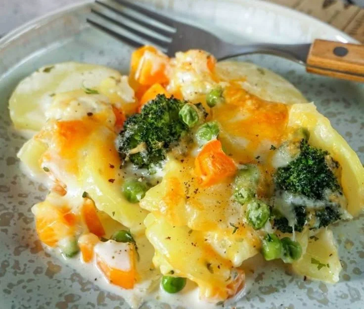 Kartoffelauflauf mit frischem Gemüse aus dem Ofen