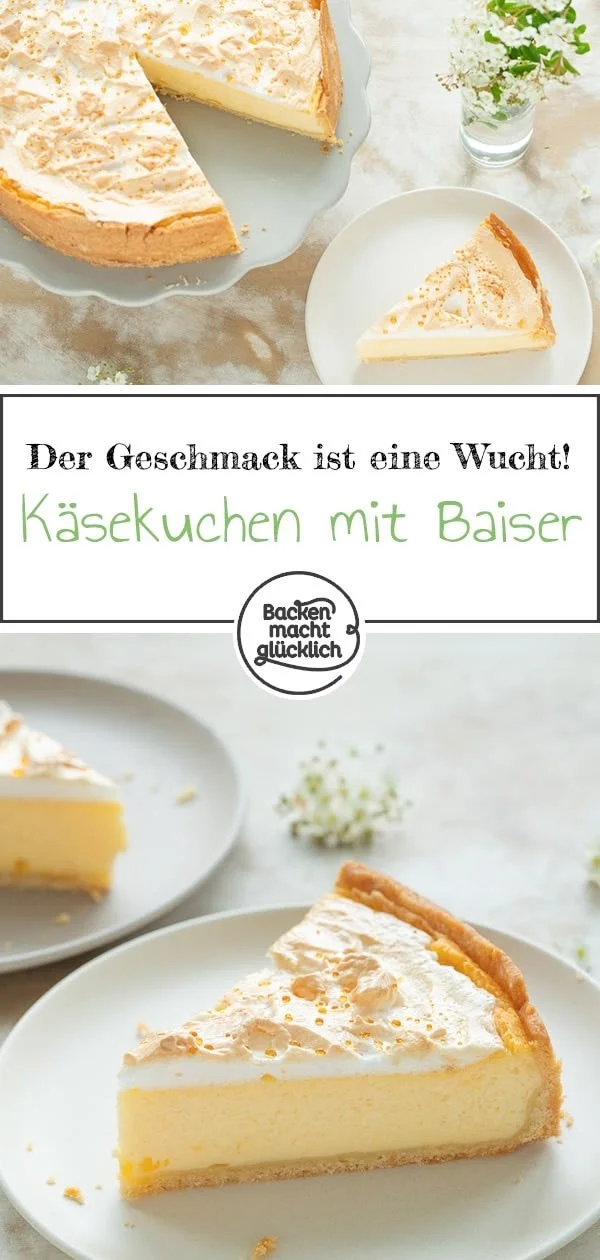 Käsekuchen mit Baiser, Goldtröpfchentorte auf einem Teller