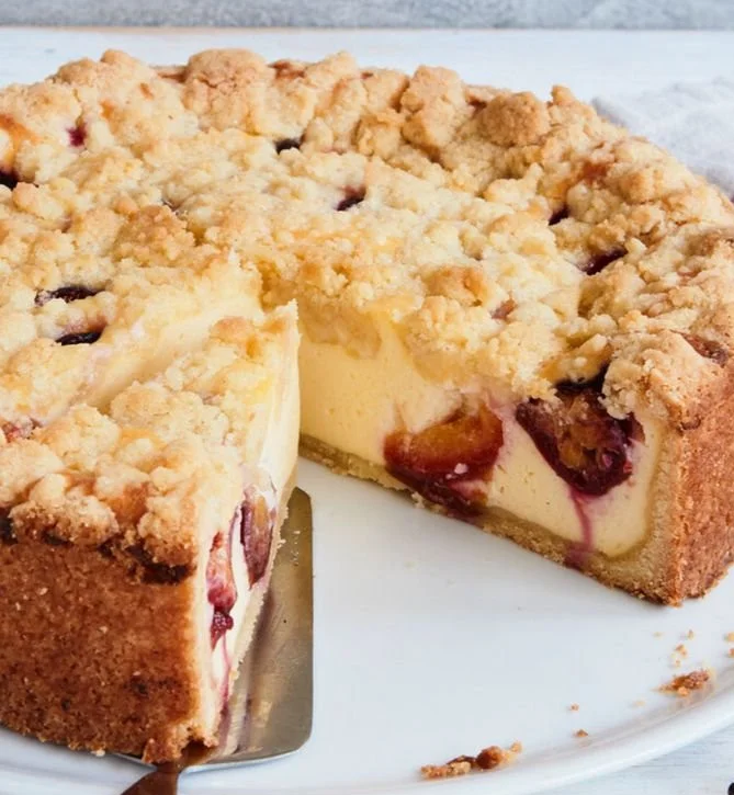Käsekuchen mit saftigen Zwetschgen auf einem Kuchensteller