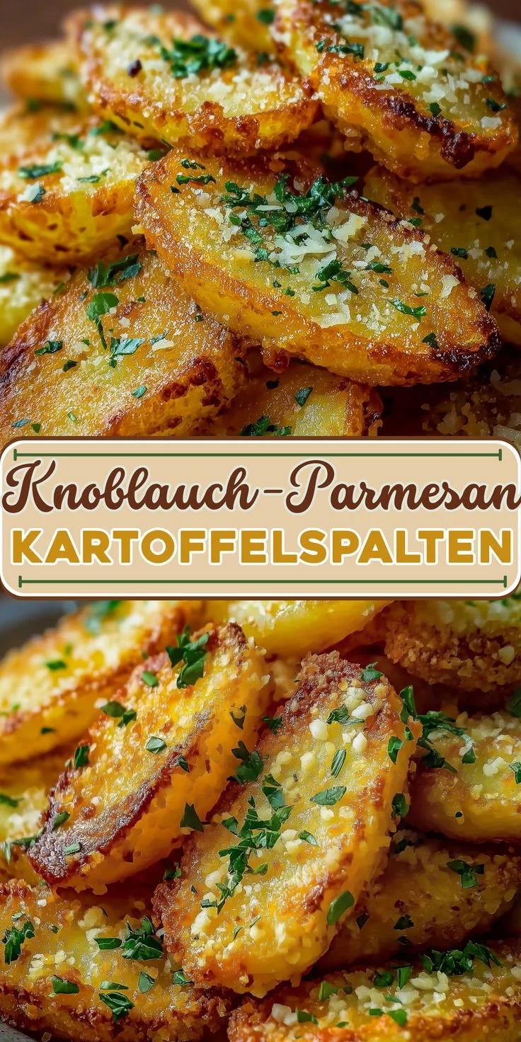 Knoblauch-Parmesan-Kartoffelspalten auf einem Teller, goldbraun und knusprig