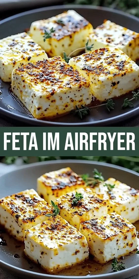 Köstlich zubereiteter Feta im Airfryer auf einem Teller serviert.