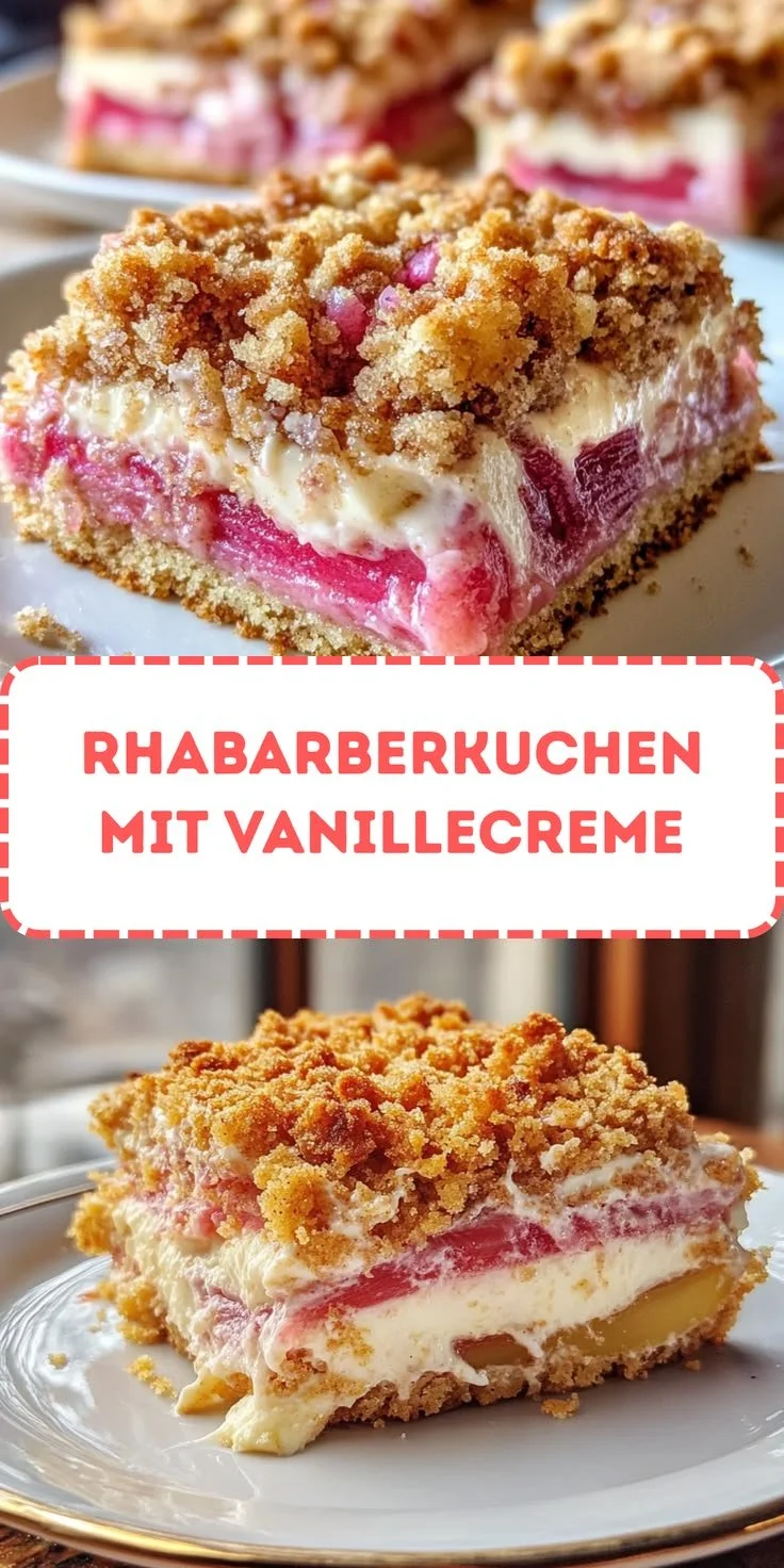 Köstlicher Rhabarberkuchen mit Vanillecreme und Streuseln auf einem Teller