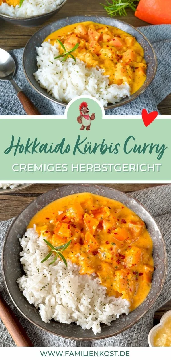 Veganer Kürbis Curry mit Kokosmilch und Hokkaido Kürbis in einer Schüssel serviert.