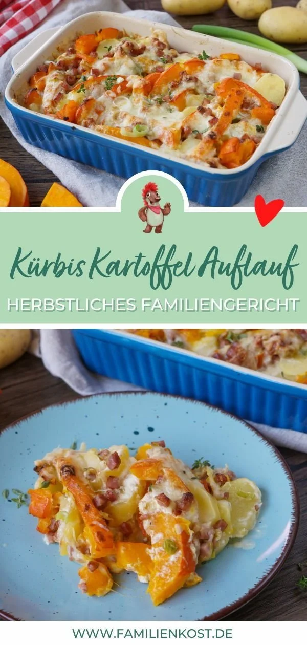 Kürbis Kartoffel Auflauf auf einem Teller, herbstliches Gericht mit Kürbis und Kartoffeln.