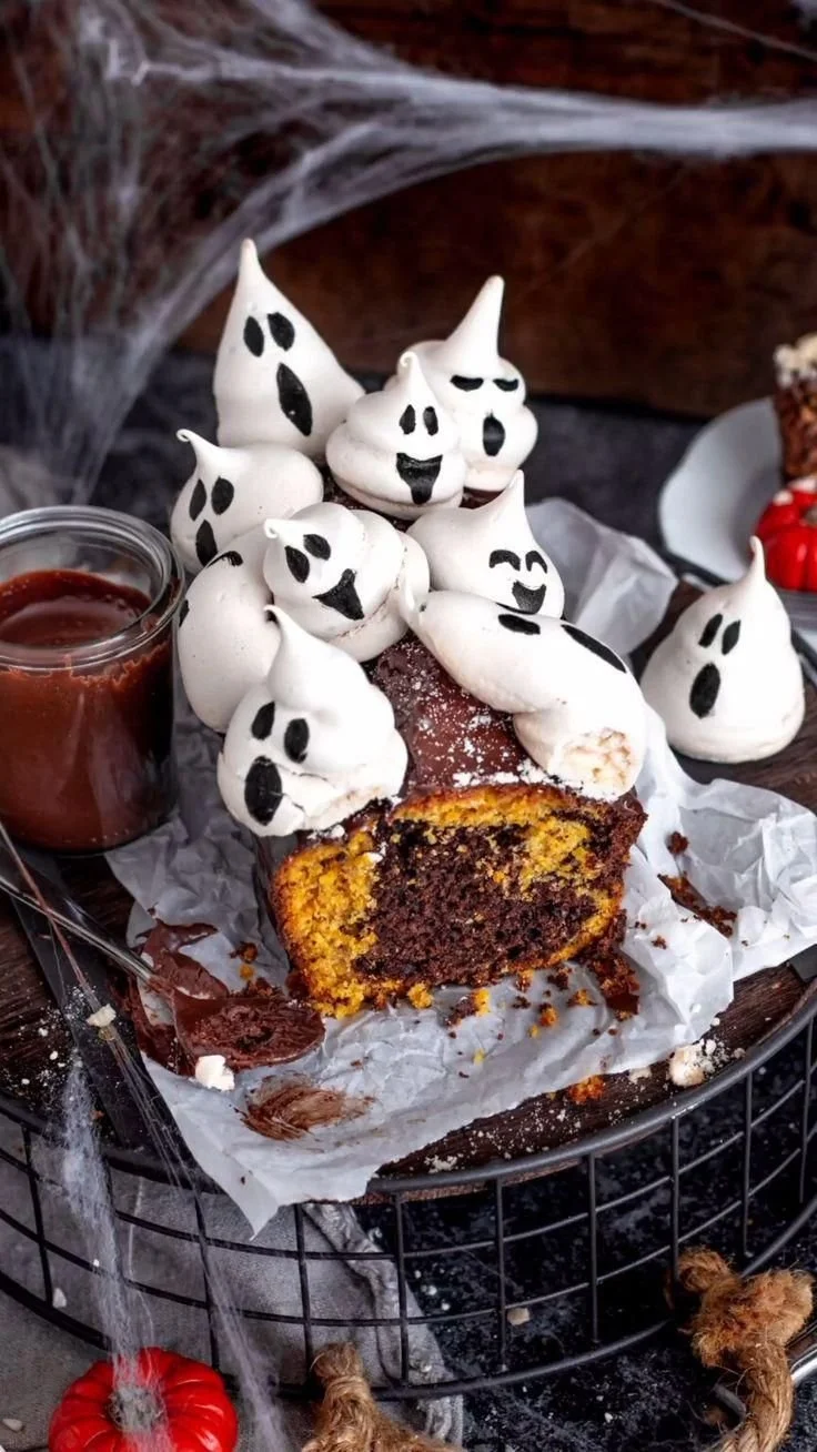 Kürbis Schoko Geisterkuchen - Halloween Chocolate Loaf mit Meringue-Geistern